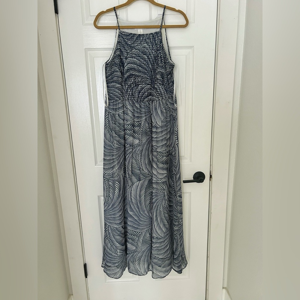 Flowy Smocked Maxi Summer Dress | Blue & White Print | 10 | London Times Chiffon
